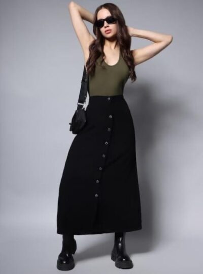 Codaisy Women Black Solid Buttoned A-Line Midi Denim Skirt - Image 3
