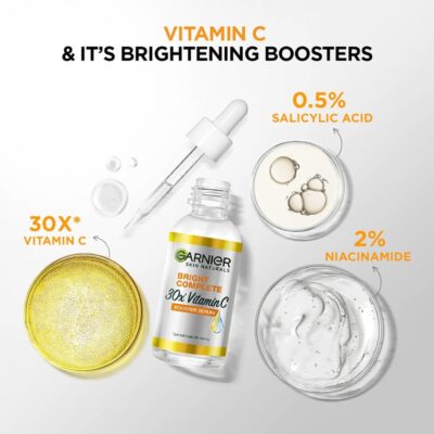 Garnier Skin Naturals, Bright Complete 30X Vitamin C Booster Face Serum, Increases Skin's Glow Instantly and Reduces Spots Overtime, with 2% Niacinamide + 0.5% Salicylic Acid, for Men & Women, 30 ml - Image 6