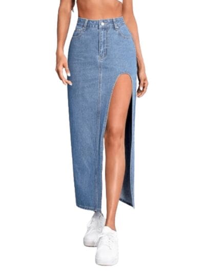 Aahwan Solid High Waist Split Thigh Denim Maxi Skirt For