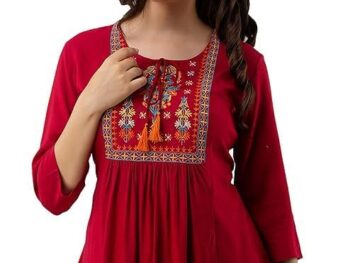 Avayayat Short Kurti for Women Embroidered Straight Rayon Kurta