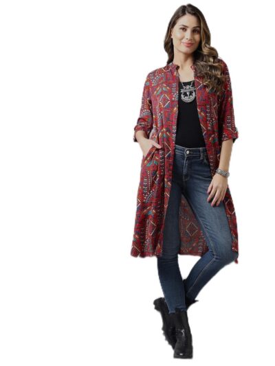 Azira Ethnic Motifs Printed Longline Front Open Pure Cotton Shrug