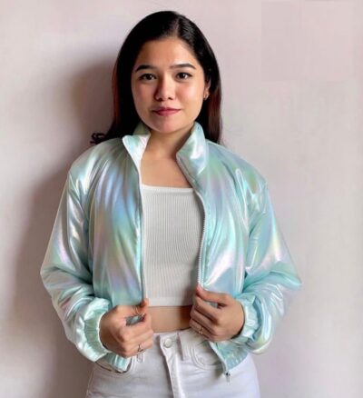 B G FASHION Womens Holographic Metallic Bomber Jacket Shiny