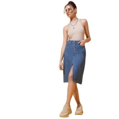 Belliskey Womens High Rise Straight Solid Knee Length A Line Denim