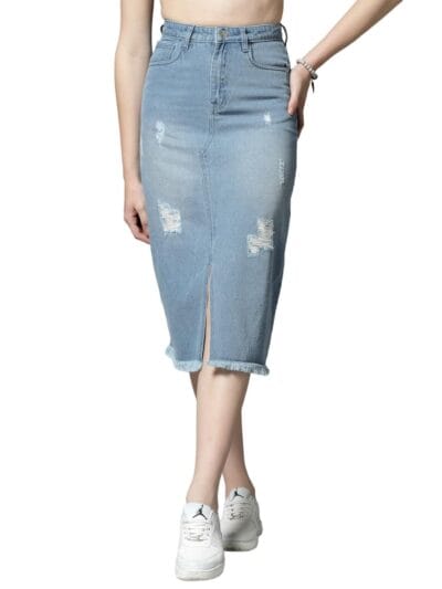 Cosmic Trio Womens High Waist Front Split Distressed Blue Denim