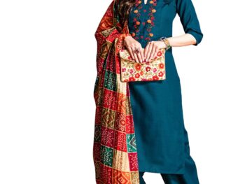 EthnicJunction Womens Embroidered Cotton Blend Straight Kurta Pant With Dupatta