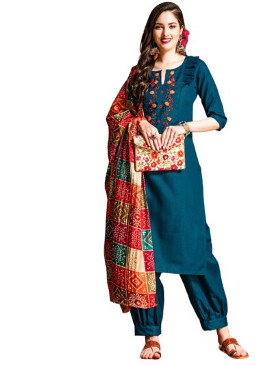 EthnicJunction Womens Embroidered Cotton Blend Straight Kurta Pant With Dupatta