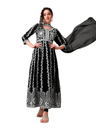 EthnicJunction Womens Georgette Chikankari Embroidery Anarkali Kurta Dupatta Set