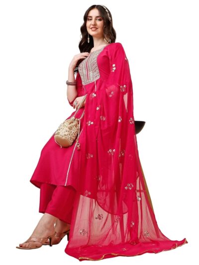 EthnicJunction Womens Silk Embroidered Thread Work Chinon A Line Kurta Pant