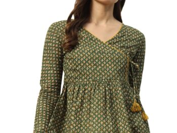 FIORRA Womens Green Cotton Top with Lace Detail and Printed