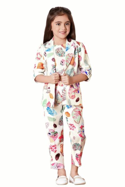 Girls Printed Top with Pants Jacket set Multicolor