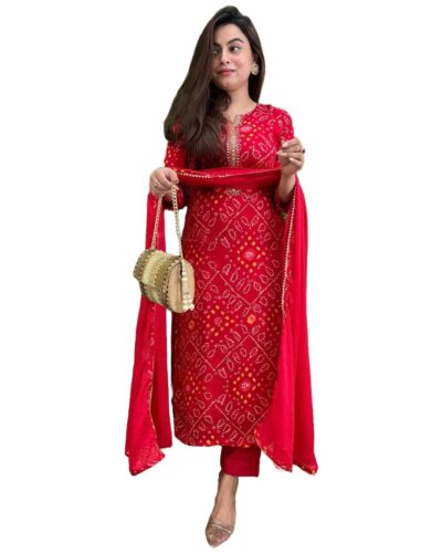 GoSriKi Womens Rayon Blend Straight Bandhej Printed Kurta with Pant