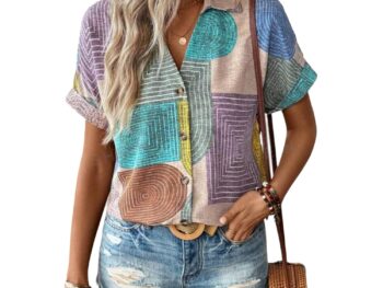 Gufrina Womens Colorful Abstract Geometric Print Shirt Half Sleeve Collar