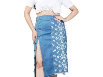 HI FASHION Embroidered Side Open Denim Skirt for Women