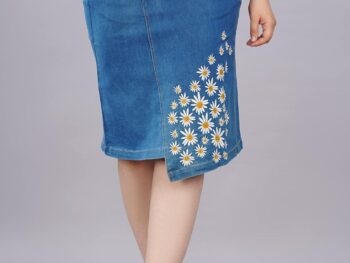 HI FASHION Side Embroidered Denim Skirt for Women