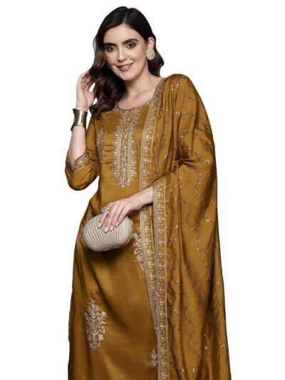 INDO ERA Straight Embroidered Cotton Blend Kurta Pant With Dupatta