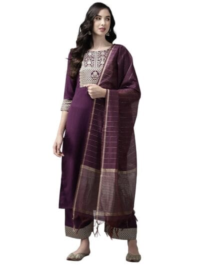 INDO ERA Womens Cotton Blend Yoke Design Straight Kurta Palazzo