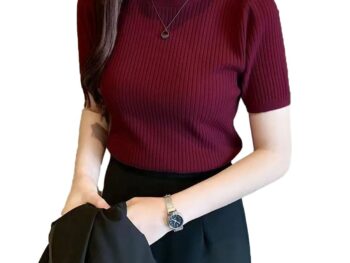 Istyle Can Plain Round Neck Rib Knit Regular Top for
