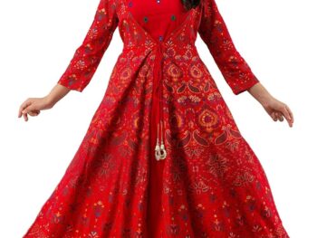 Jaipurite Womens Rayon Printed Long Flared Anarkali Gown in Red