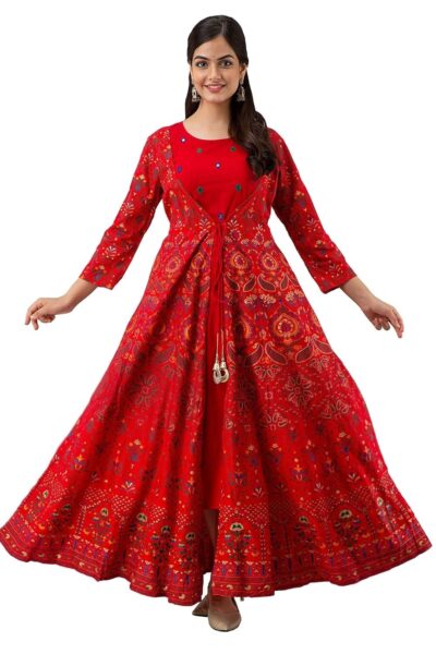 Jaipurite Womens Rayon Printed Long Flared Anarkali Gown in Red