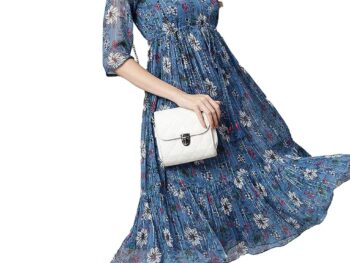 Janasya Womens Blue Poly Georgette Floral Flared Western Dress