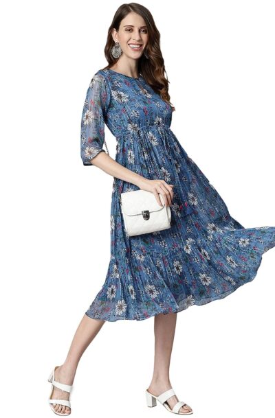 Janasya Womens Blue Poly Georgette Floral Flared Western Dress