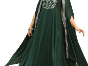 Janasya Womens Dark Green Georgette Embroidered Anarkali Dress with Cape