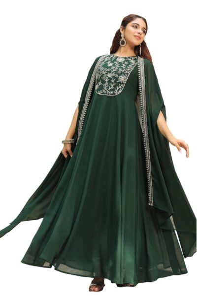 Janasya Womens Dark Green Georgette Embroidered Anarkali Dress with Cape