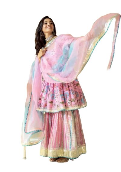 KEOSA Womens Rayon Embroidery Flower Printed Pink Sharara Kurta With