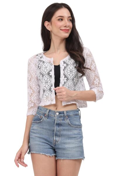 MARVENT Women Self Design Floral lace Regular Open Front Shrug