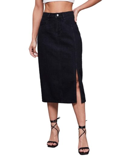 Miss Chase Womens Straight Fit High Rise Stretchable Denim Midi
