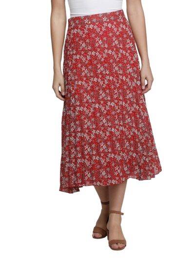 NUEVOSDAMAS Women Floral Printed Pleated Flared Midi Skirt
