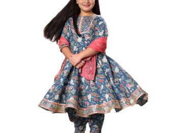 Naixa Girls Rayon Fabric Blue Jaipuri Double Print Anarkali Dress