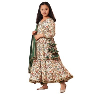 Naixa Girls Rayon Floral Print Drawstring 34 Sleeve Anarkali Dress