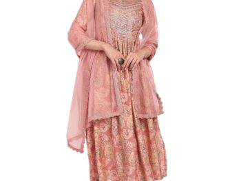 Naixa Womens Peach Chanderi Embroidered and Printed A Line Kurta with