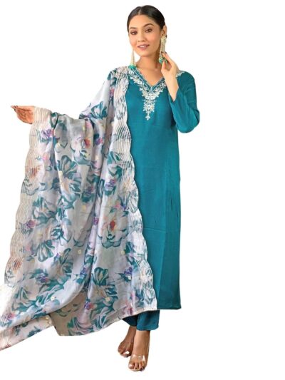 Naixa Womens Rama Viscose Embroidered Flared Kurta with Viscose Pant