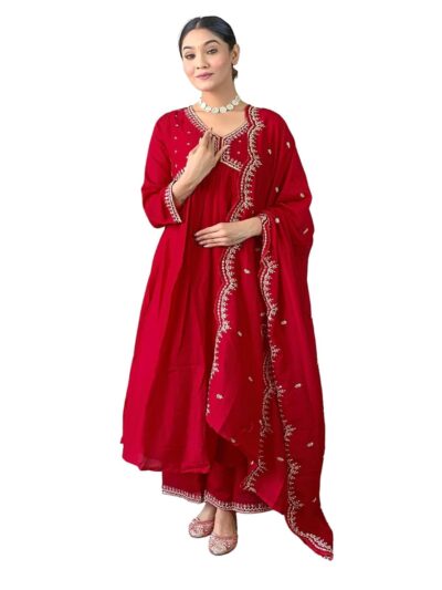 Naixa Womens Vichitra Silk Embroidered A line Kurta with Vichitra Silk