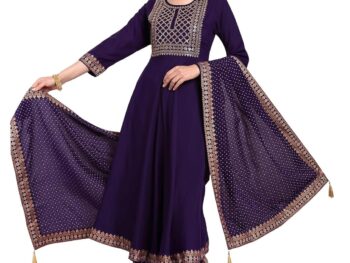 Naixa Womens Violate Rayon Embroidered Flared Kurta with Pant and