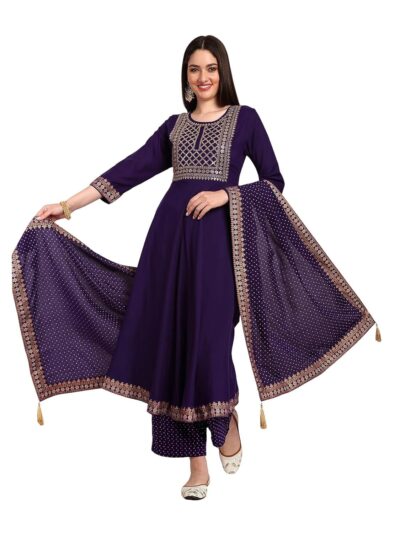 Naixa Womens Violate Rayon Embroidered Flared Kurta with Pant and