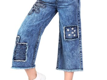 Naughty Ninos Girls Navy Blue Embroidered Pure Cotton Flared Jeans