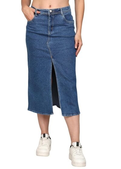 Nifty Womens Front Slit Midi Denim Skirt