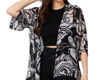 PURYS Womens Black White Printed Kimono Shrug