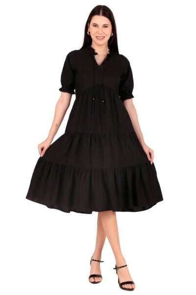 Seryeon® Womens Viscose Tie up Neck Puff Sleeve A line One Piece