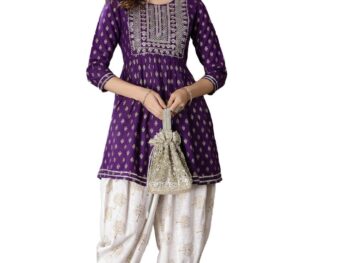 Stylum Womens Printed Embroidered Rayon A Line Kurti With Dhoti