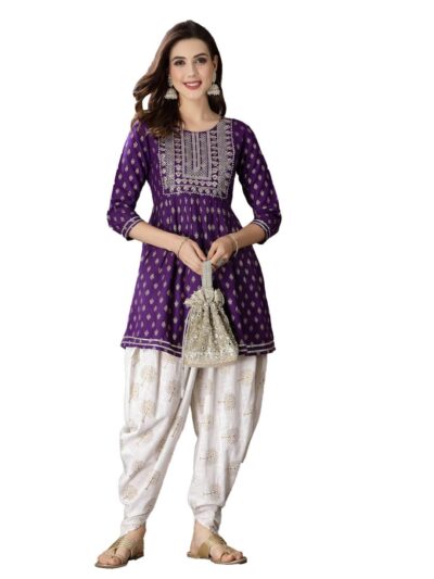 Stylum Womens Printed Embroidered Rayon A Line Kurti With Dhoti
