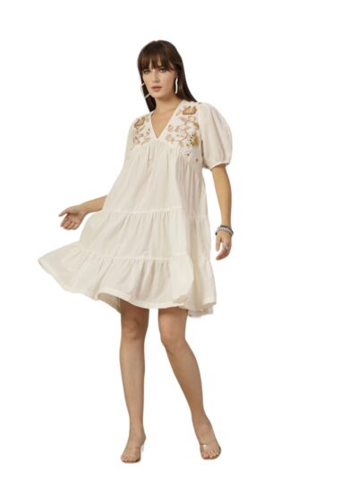 Stylum Womens Solid Embroidered Cotton Flared Midi Dress
