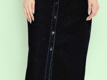Tripursundari Fashion Denim Straight Skirt Black Long Length Button Front