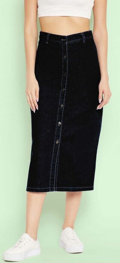 Tripursundari Fashion Denim Straight Skirt Black Long Length Button Front