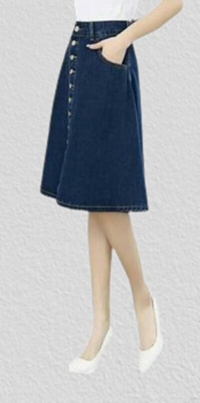 Tripursundari Fashion Navy Blue Side Pocket Buttoned A-Line Midi Denim Woman Skirt