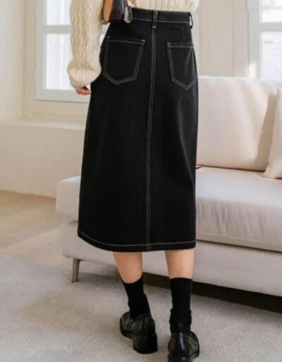Women Straight Black Skirt for Summer Denim Fabric Black Solid