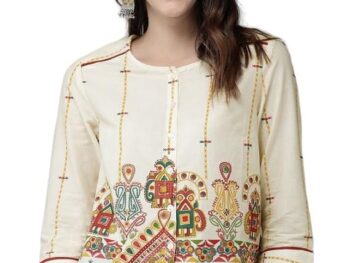 Womens Pure Cotton Printed Regular Sleeves Casual Top Beige